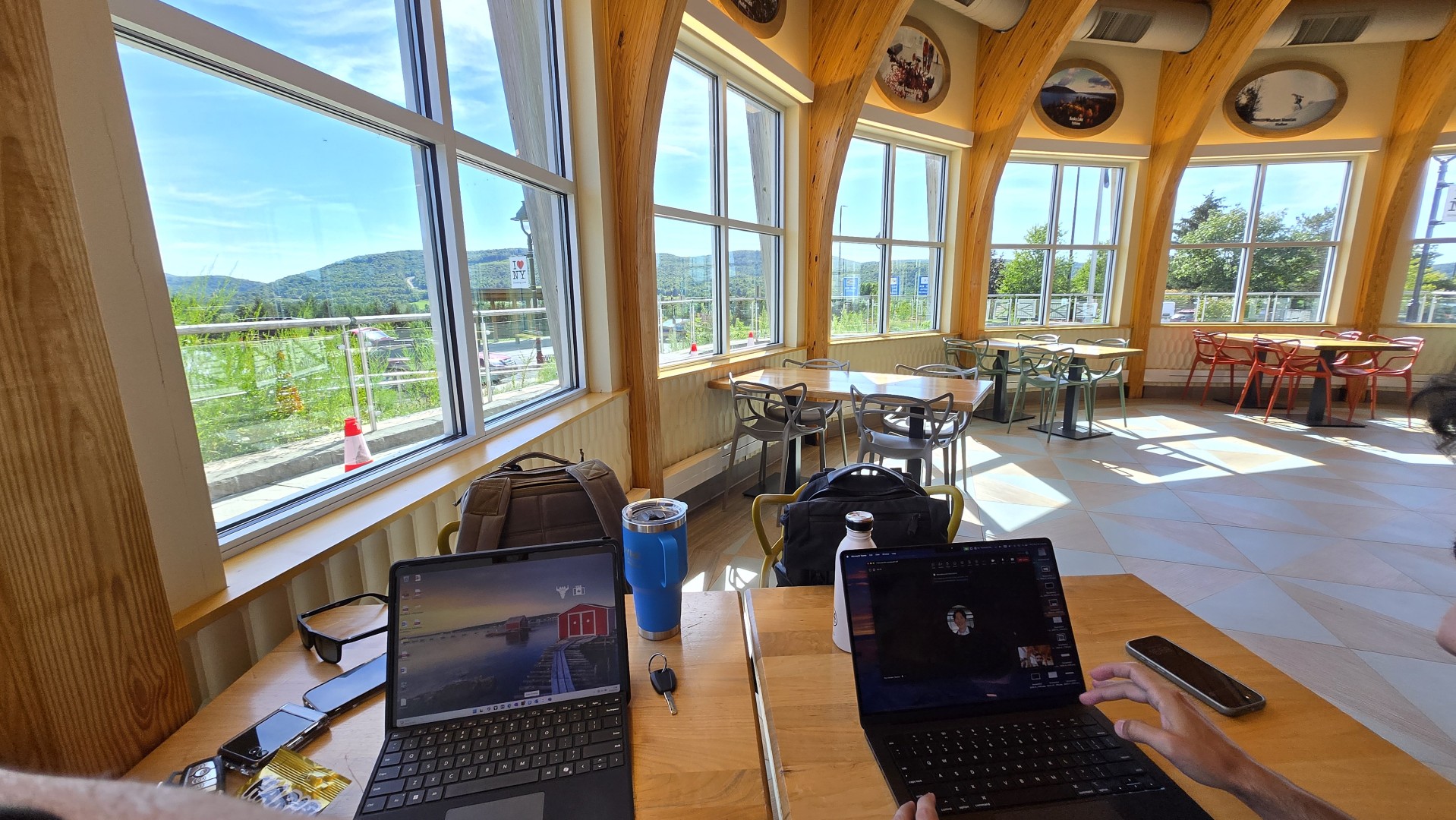 Inside a roadside service area doing work on my Surface