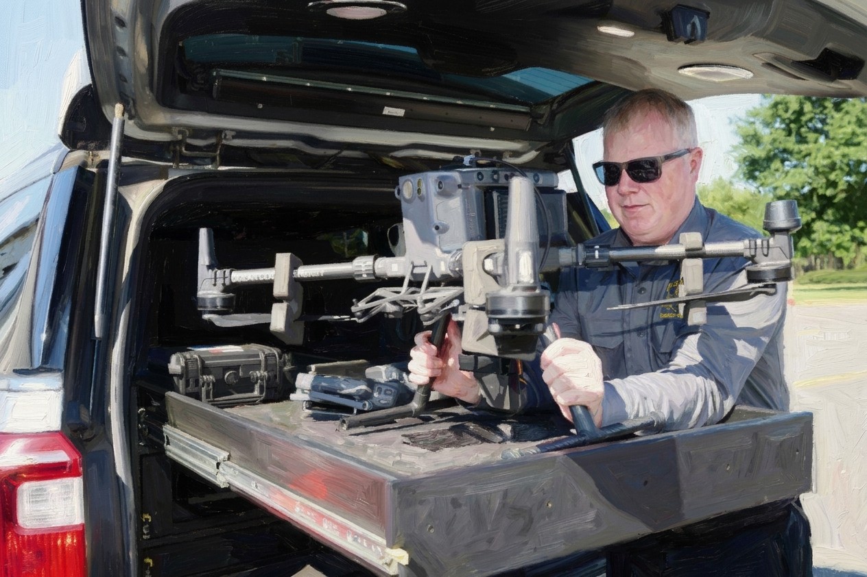 Chief Warrant Officer Kevin Fennessy lifts an Ocean County Sheriff's Office DJI Matrice 300 RTK drone out of the custom-built bed of a department SUV at Robert J. Miller Airpark on Sept. 4.